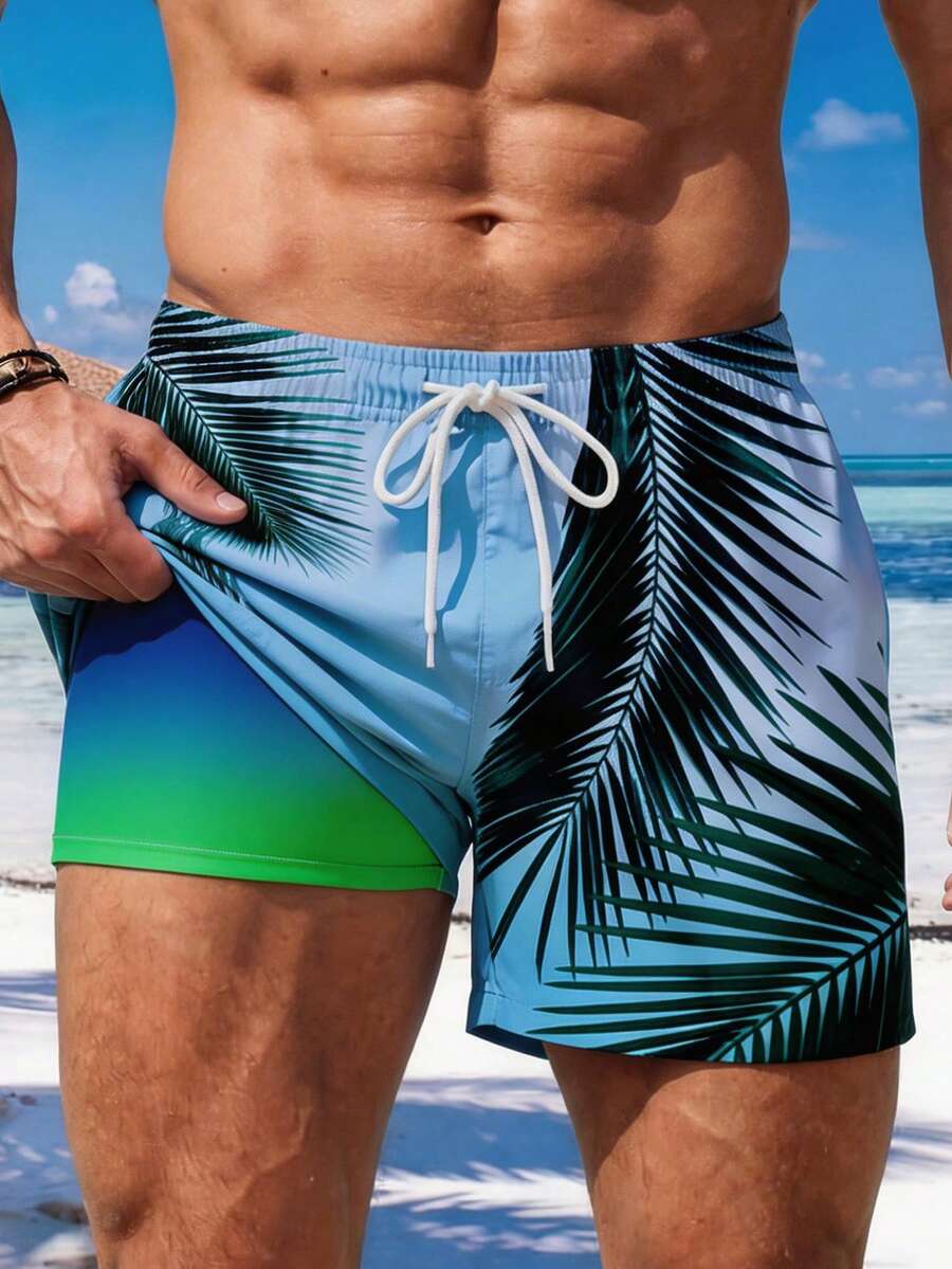 VIVINTIMO Men's Beach Shorts With Milk Silk Lining, Gradient Coconut Tree Print Beach Shorts, Fashionable And Suitable For Island Vacation - Multicolor - View 1