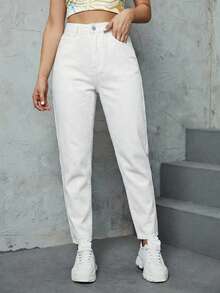 SHEIN ICON Casual Versatile Commute High Waist Solid Color Jeans - White - View 5