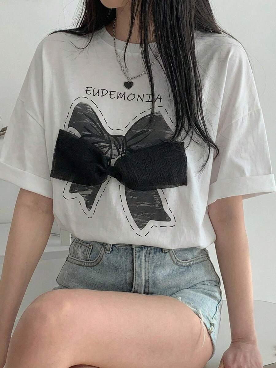 DAZY 少女夏季休闲蝴蝶结印花装饰T恤 - 白色 - 查看 1