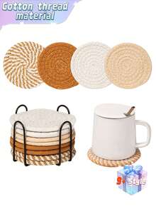 8pcs Pack Coasters With Holder, Minimalist Table Woven Coasters, Kitchen Table Heat-Resistant Coasters And Thick Insulation Pads For Kitchen Decor,4 Colors Assorted Coaster Set For Home Decor, Living Room Decor, Kitchen Decor Tabletop Protection Suitable For Kinds Of Cups, Christmas For Holiday Gift Giving - Multicolor - View 1