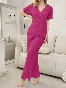 SHEIN Lace Patchwork Sheer Shoulder Cardigan Short Sleeve Pajama Set For Women - Hot Pink - View 6