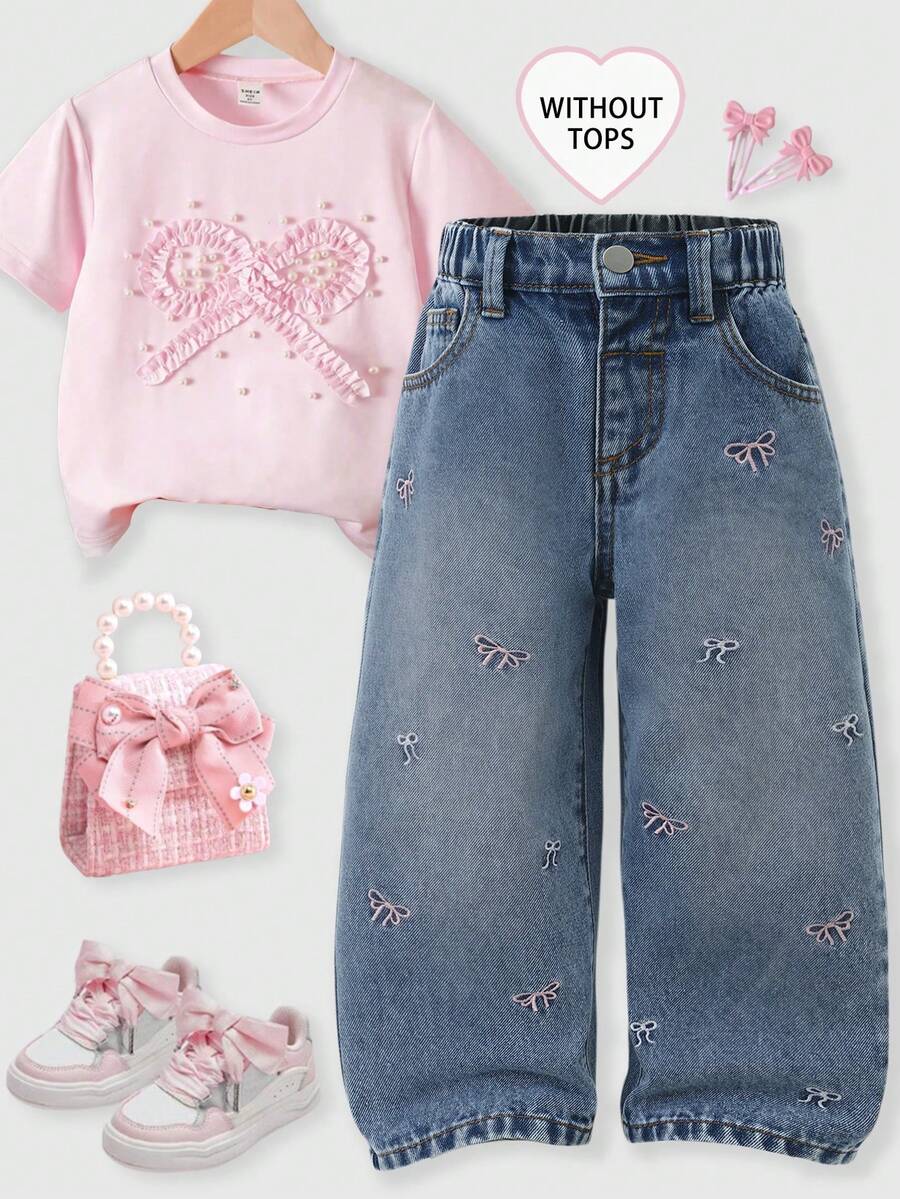 SHEIN 女童百搭时尚做旧直筒蓝色牛仔裤 - 淺色水洗藍 - 查看 1