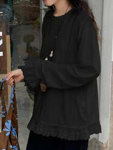 FRIFUL Women's Solid Color Round Neck Dropped Shoulder Long Sleeve Ruffle Hem Loose T-Shirt Oversized - Apricot - View 4