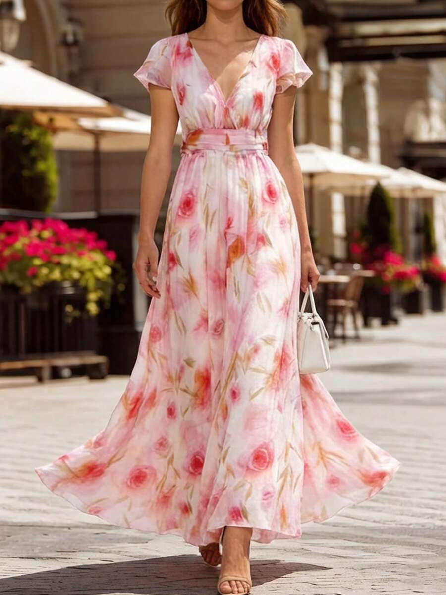 女士印花V领浪漫优雅长裙 - 淺粉色 - 查看 1