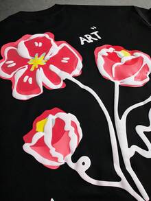 Manfinity EMRG 男士街頭風黑紅花卉壓紋印花短袖T恤，夏季城市度假街頭風上衣，適合戶外、音樂節、日常穿著 - 黑色 - 查看 6