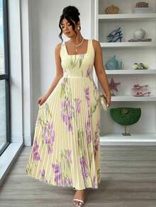 Elenzga Robe plissée imprimée violette, une robe longue sans manches avec une taille cintrée. Ce vêtement grande taille est parfait pour le printemps et l'été, convient pour les vacances, les escapades douces, les sorties décontractées et les fêtes - Multicolore - Voir 5