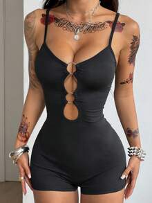 Coolane Women's Spring/Summer Streetwear Chic Y2K Music Festival Sexy Grommet Eyelet Cut Out Stretchy Vest Short Romper - Black - View 5