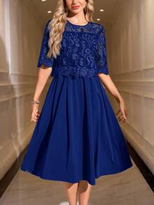 SHEIN Clasi Robe élégante à col rond et manches courtes en dentelle pour femmes - bleu indigo - Voir 7