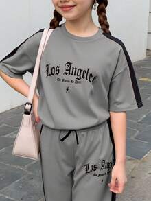 青少年女孩寬鬆休閒極簡舒適圓領套頭拼接色T恤與長褲套裝 - 灰色 - 查看 4