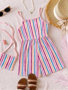 Tween Girls' Romper, Elegant Multi-Color Romper, Comes With Bag, Rainbow Striped Romper Shorts With Ruffled Bowknot Straps, Suitable For Vacation, School, Outings, Spring/Summer - Multicolor - View 2