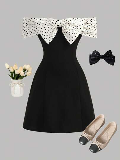 SHEIN Girlism Tween Girls Apricot Polka Dot Contrast Black Bow Cutout Shoulder Mini Dress, Suitable For Autumn Dresses, Back To School, Dates, Parties, Weddings, Bridesmaids, Prom, Elegant, Contrast Bow, Patchwork, Camisole, Bridesmaid Dress, Suitable For Parties, Weddings, Garden Events, Commuting, Shopping, Weddings, Birthday Parties, Prom And Bridesmaid Occasions