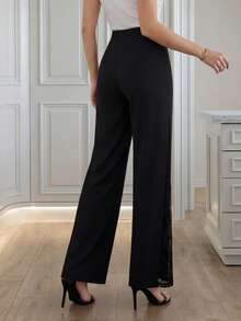 女士优雅侧边蕾丝花边休闲裤，秋冬季优雅派对场合女士优雅长裤，夏季 - 黑色 - 查看 2