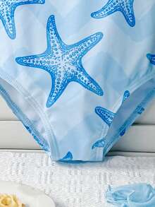 女童（小号）连体泳衣，蓝色波浪海星图案，搭配荷叶边和蓝色网纱裙，两件套，适合海滩、游泳池、度假穿着。 - 彩色 - 查看 6