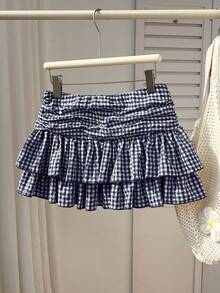 Flirla Women's Red Plaid Ruched High Waist Double-Layer Hem Romantic Vacation Sweet Casual Short Skirt, Spring/Summer - Navy Blue - View 3