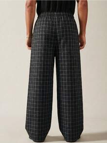 SWAVVY 男士休闲格子抽绳腰斜插口袋长裤，秋季款 - 黑色 - 查看 3