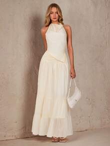 SHEIN Glamour French Vacation Style Relaxed Sensual Halter Backless Design: Neck Tie And Back Strap Adjustable , Revealing Sexy Backline; Waist Twist And Gather Pleated Maxi Skirt, Suitable For Light French Romantic Style, Beach, Casual Daily,Apricot,Holiday Outfits For Women,Casual Dresses For Women,Umbrella Skirt,Tank Tops,Two-Piece Outfits,,Going Out Vacation Dinner Outfits For Women Greece Vacation Outfits Women - Apricot - View 4