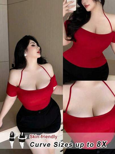 SHEIN CURVE+ Áo nữ cỡ lớn, dây mảnh, trễ vai, chất liệu dệt kim mềm mại, ôm eo, kiểu dáng tối giản, đa năng, phù hợp mặc hàng ngày đi làm.