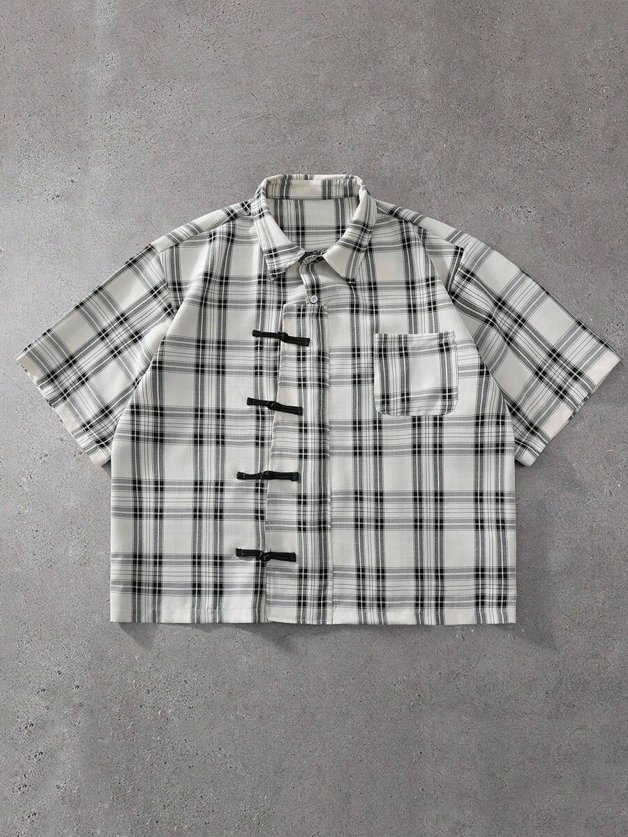 STYNVO Camisa a cuadros con cuello abotonado para hombre - Blanco y Negro - Ver 1