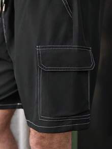 Open Phase 男士夏季抽绳腰带翻盖口袋工装短裤，黑色 - 黑色 - 查看 5