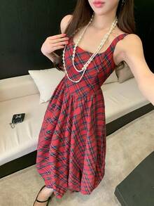 DAZY Vestido midi plisado de cuello cuadrado sin mangas con estampado elegante para mujer, vestido de invitada de boda de verano - Rojo - Ver 6