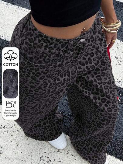 Dazy Plus Plus Size Women Leopard Print Loose Fit Street Style Long Denim Jeans, All Season