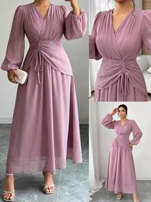 Modelyn Plus Size Women Solid Color Pleated Overlap V-Neck Lantern Sleeve Elegant Dress - Dusty Pink - View 3