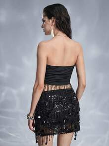 ROMWE Grunge Punk 性感亮片流苏抹胸上衣 - 黑色 - 查看 2