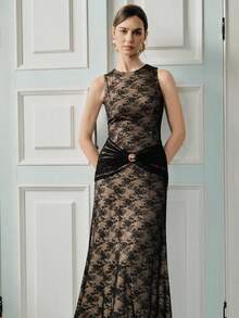 Anewsta Nuevo vestido de encaje de estilo francés elegante con cuello redondo, sin mangas con diseño plisado, decoración con botones metálicos, vestido de encaje con drapeado exquisito para eventos formales de verano - Negro - Ver 7