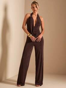 SHEIN BAE Women's Metal Clasp Decor Deep Draped Neck Jumpsuit, Spring/Summer - Brown - View 1