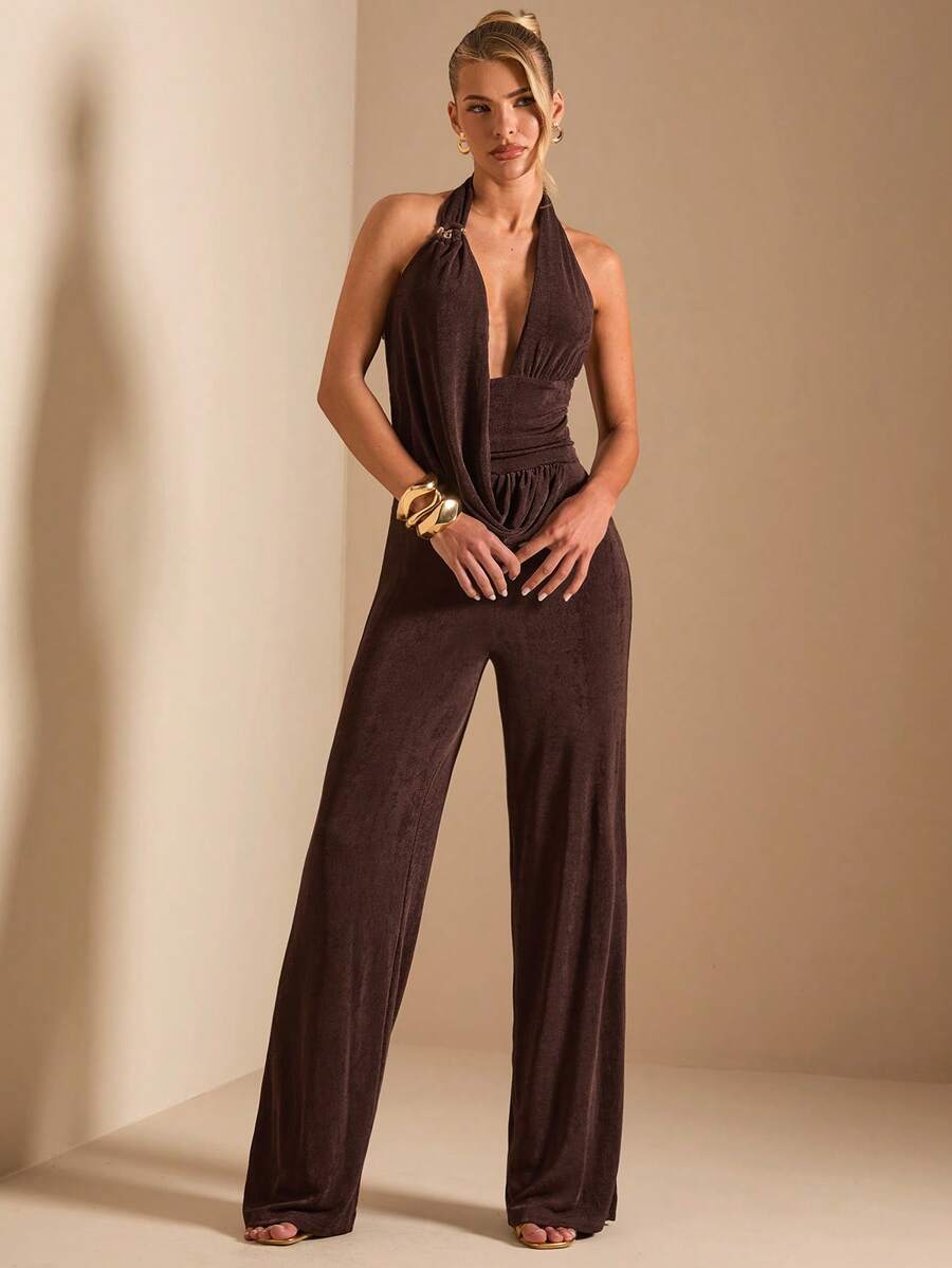 SHEIN BAE Women's Metal Clasp Decor Deep Draped Neck Jumpsuit, Spring/Summer - Brown - View 1
