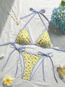 Swim Mod Bộ bikini hai mảnh màu vàng họa tiết hoa, dây đeo điều chỉnh được, kiểu dáng cắt cao, thích hợp cho kỳ nghỉ hè 2026, dành cho nữ, thích hợp cho kỳ nghỉ lễ. Bộ bikini hai mảnh họa tiết hoa màu vàng. - Nhiều màu - Xem 3