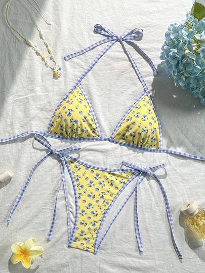 Swim Mod 2026春夏黄色碎花可调节肩带高开衩比基尼泳衣套装，甜美两件套女装