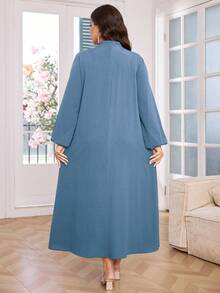 Lacomfia Plus Size Women Hollow Embroidered Button Collar Tie Waist Long Sleeve Dress - Dusty Blue - View 2