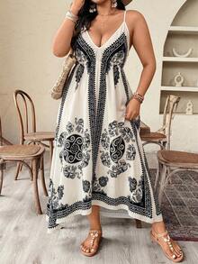 Weeklong Plus Size Women Elephant Print Asymmetric Strap Vacation Dress - Apricot - View 6
