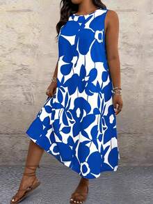 Breezaya Plus Size Sleeveless Allover Print Casual Vacation Dress - Blue - View 6