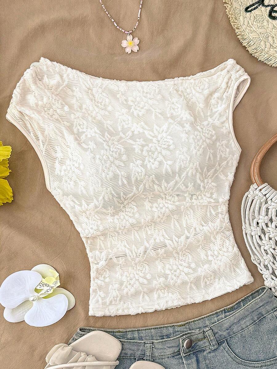 SHEIN 少女杏色针织提花修身不对称褶皱短款上衣，适合春夏穿着，休闲、优雅、日常百搭。 - 杏色 - 查看 1