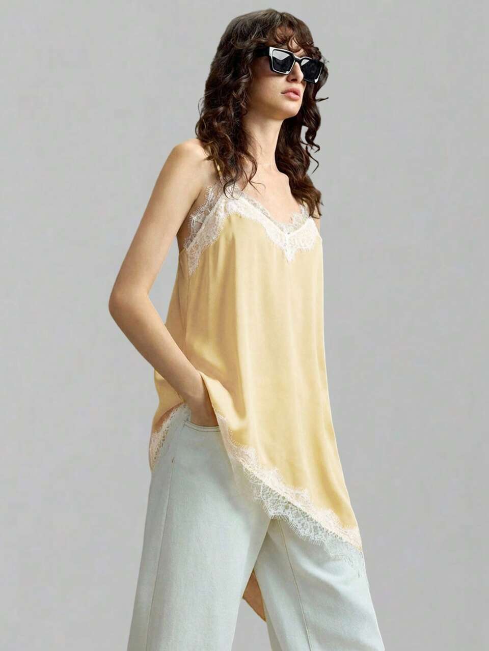 Women's Satin Crepe Spaghetti Strap Cami Top,White And Yellow Elegant Summer Tea Party Lace Trim Asymmetric Hem Fitted Silhouette Business Casual