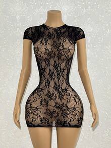 EgrlEra 女士性感黑色短袖蕾丝提花迷你连衣裙 - 黑色 - 查看 3