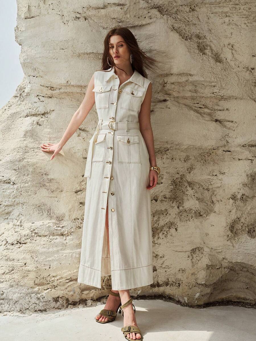 MOTF PREMIUM 系带纽扣牛仔连衣裙 - 白色 - 查看 1