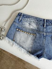 SHEIN Shorts vaqueros vintage con remaches de tiro ultra bajo - Azul - Ver 4