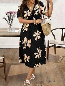 Lounesse 大码休闲度假优雅V领收腰连衣裙 - 黑色 - 查看 4