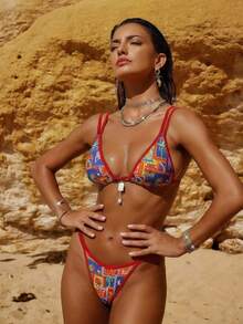 Swim Vcay 2pcs/Set New Random Print & Solid Color Adjustable Strap Sexy Elegant Bikini Swimwear Set, Suitable For Beach, Pool Party, Summer Vacation - Multicolor - View 7