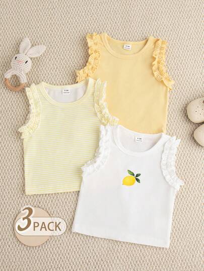 Souflis Souflis 3pcs/Set Baby Girls' Summer Casual Chic Cute Comfortable Elastic Tops, Including Solid White, Yellow, And Striped Sleeveless Vest, Suitable For Home, Vacation, And Daily Wear