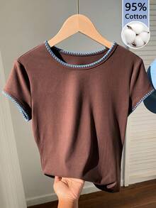 Comfortcana 女士休闲T恤，撞色贝壳刺绣 - 棕色 - 查看 4