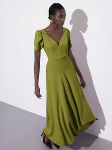 Aveloria Modichic 女士欧美风V领收腰褶皱喇叭形纯色针织无袖优雅连衣裙，春夏款 - 綠色 - 查看 5