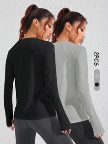 Velisys Velisys 2pcs/Set Kaos Olahraga Lengan Panjang Warna Polos Kasual yang Nyaman - MultiWarna - View 3