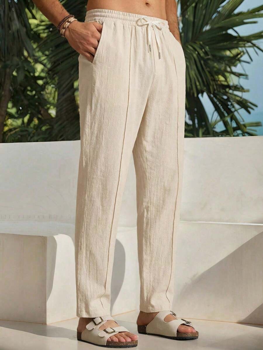 HIMLAND 男士抽绳腰带口袋休闲宽松阔腿裤，适合日常穿着 - 白色 - 查看 1