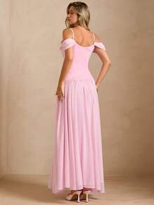 Enchnt 优雅纯色露肩长款连衣裙，适合派对穿着 - 淺粉色 - 查看 4