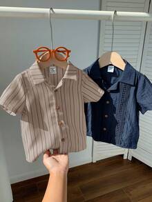 SHEIN 2件套男女宝宝休闲度假梭织短袖衬衫，春夏宝宝服装，短袖上衣 - 彩色 - 查看 3