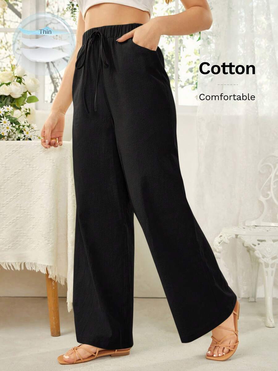 SHEIN Essnce Women's Solid Color Self Tie Waistband Pants With Pockets - Black - View 1